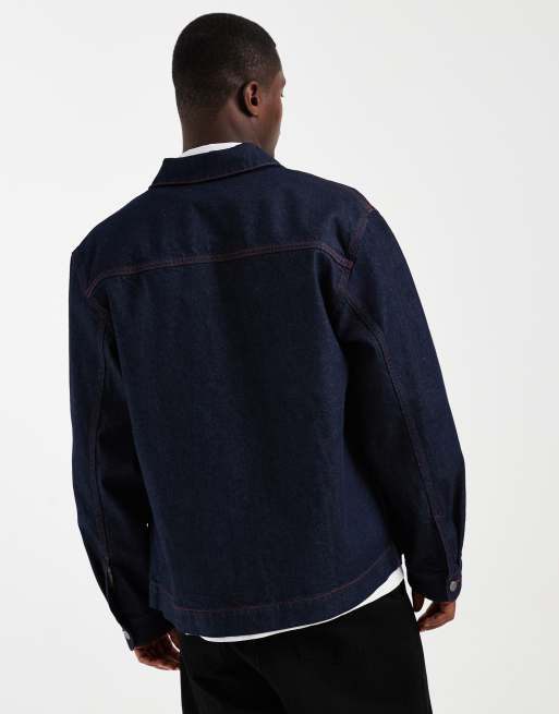 ASOS DESIGN long sleeve shirt in raw indigo denim with contrast red stitch, 5 of 5