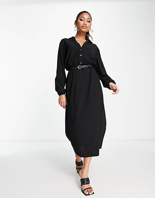 ASOS DESIGN long sleeve shirt midi dress with belt in black