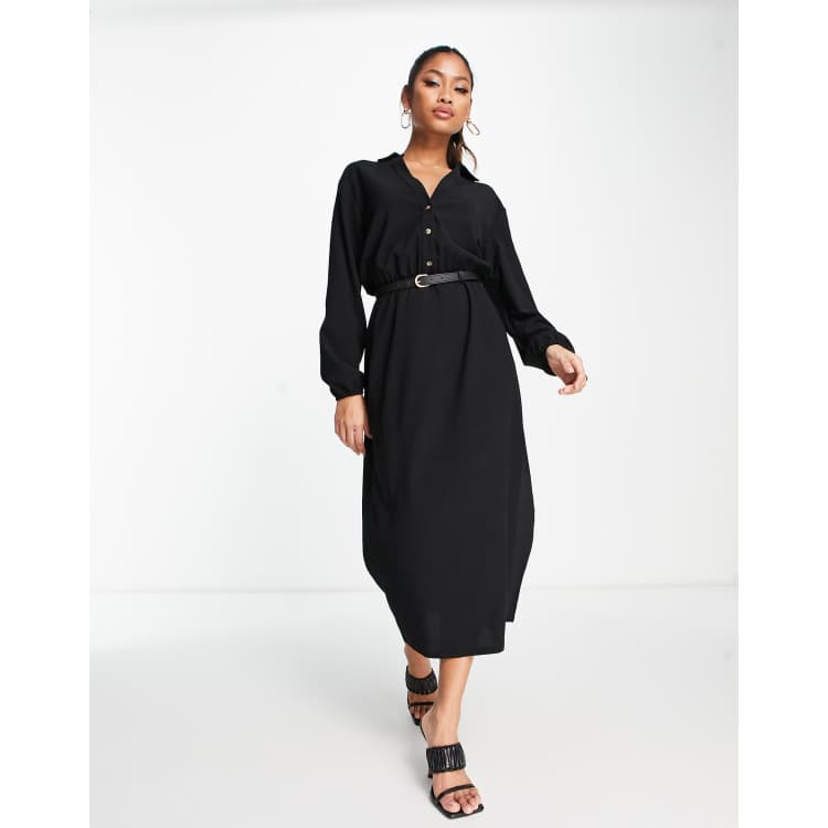 ASOS DESIGN long sleeve shirt midi dress with belt in black ASOS