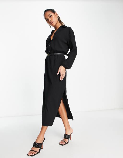 ASOS DESIGN long sleeve shirt midi dress with belt in black