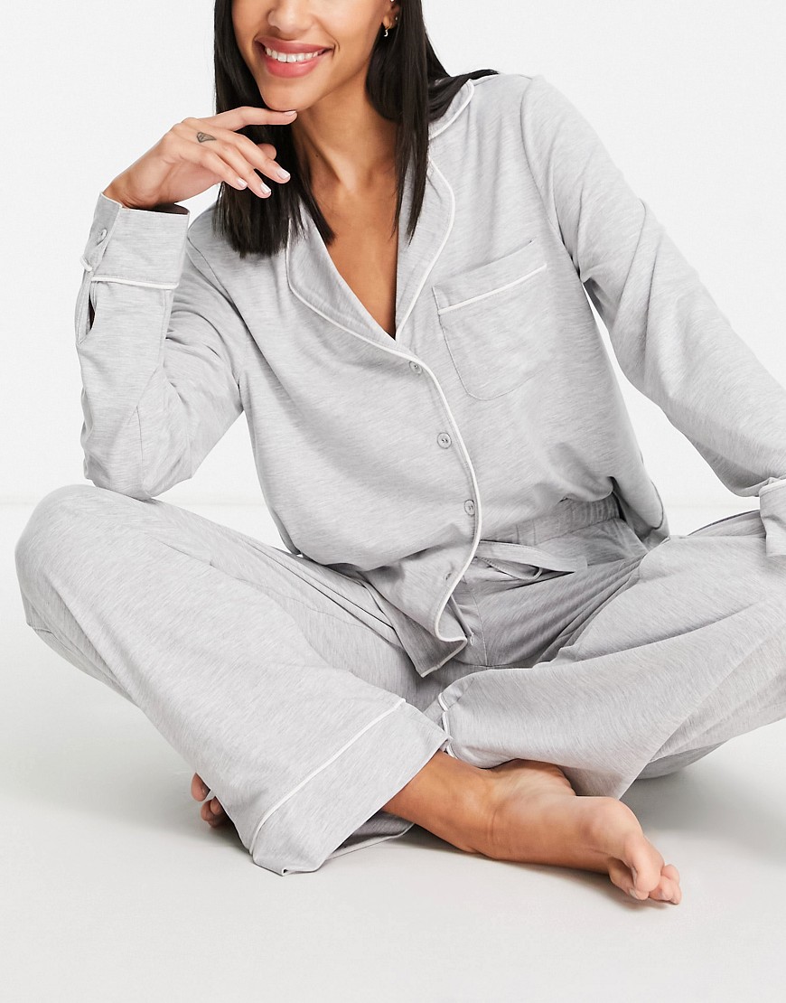 ASOS DESIGN long sleeve shirt & pants pajama set with contrast piping in gray-Grey