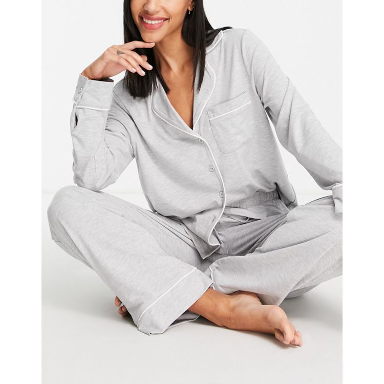 ASOS DESIGN Tall soft jersey long sleeve shirt & pants pajama set with  contrast piping in gray heather