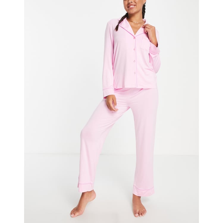 ASOS DESIGN long sleeve shirt & pants pajama set with contrast piping in  pink