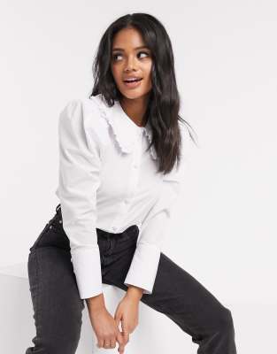 ASOS DESIGN long sleeve shirt with frill collar detail in white