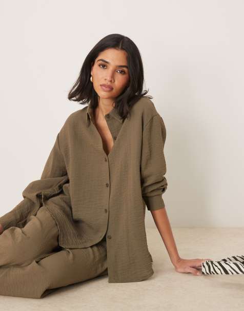 ASOS DESIGN long sleeve shirt with open back co-ord in khaki - view 1