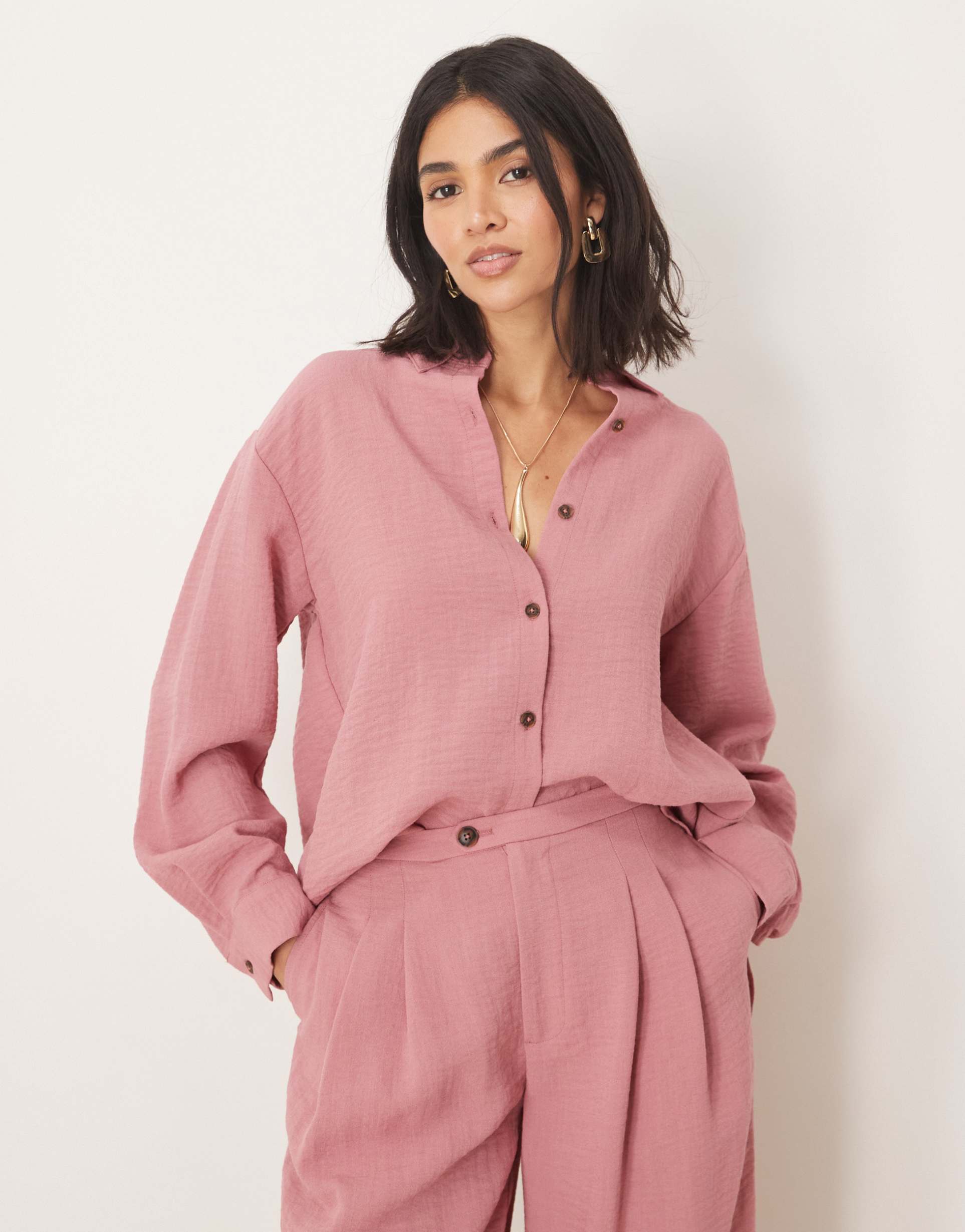 asos design long sleeve shirt with open back in dusty pink - part of a set