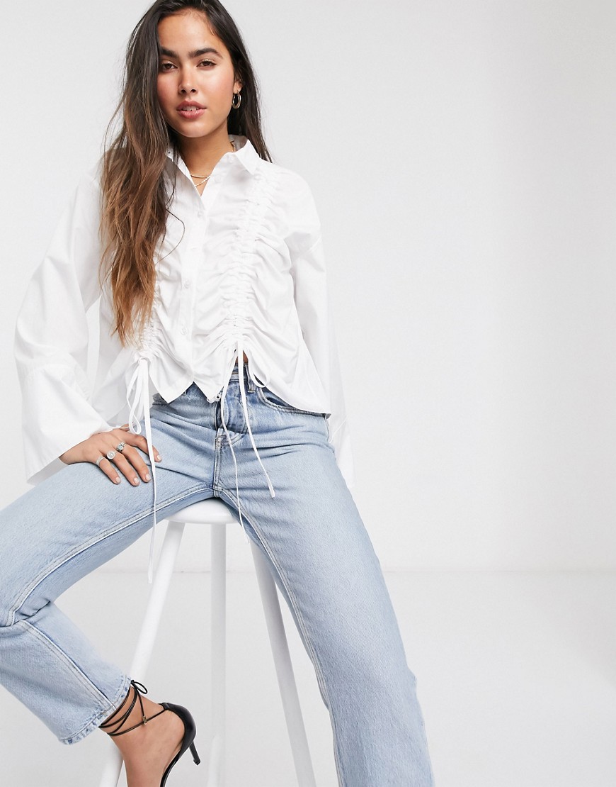 ASOS DESIGN long sleeve shirt with ruched channel detail-White