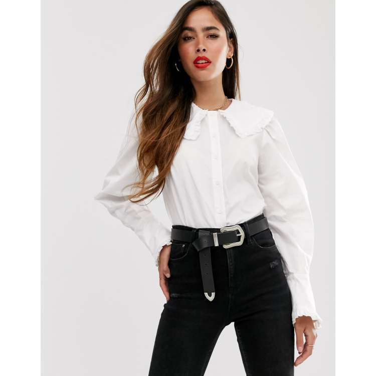 ASOS DESIGN long sleeve shirt with ruffle collar in cotton | ASOS