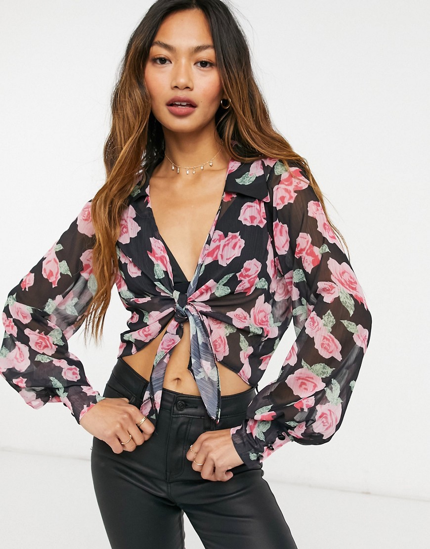 Asos Design Long Sleeve Shirt With Tie Front In Rose Print-black
