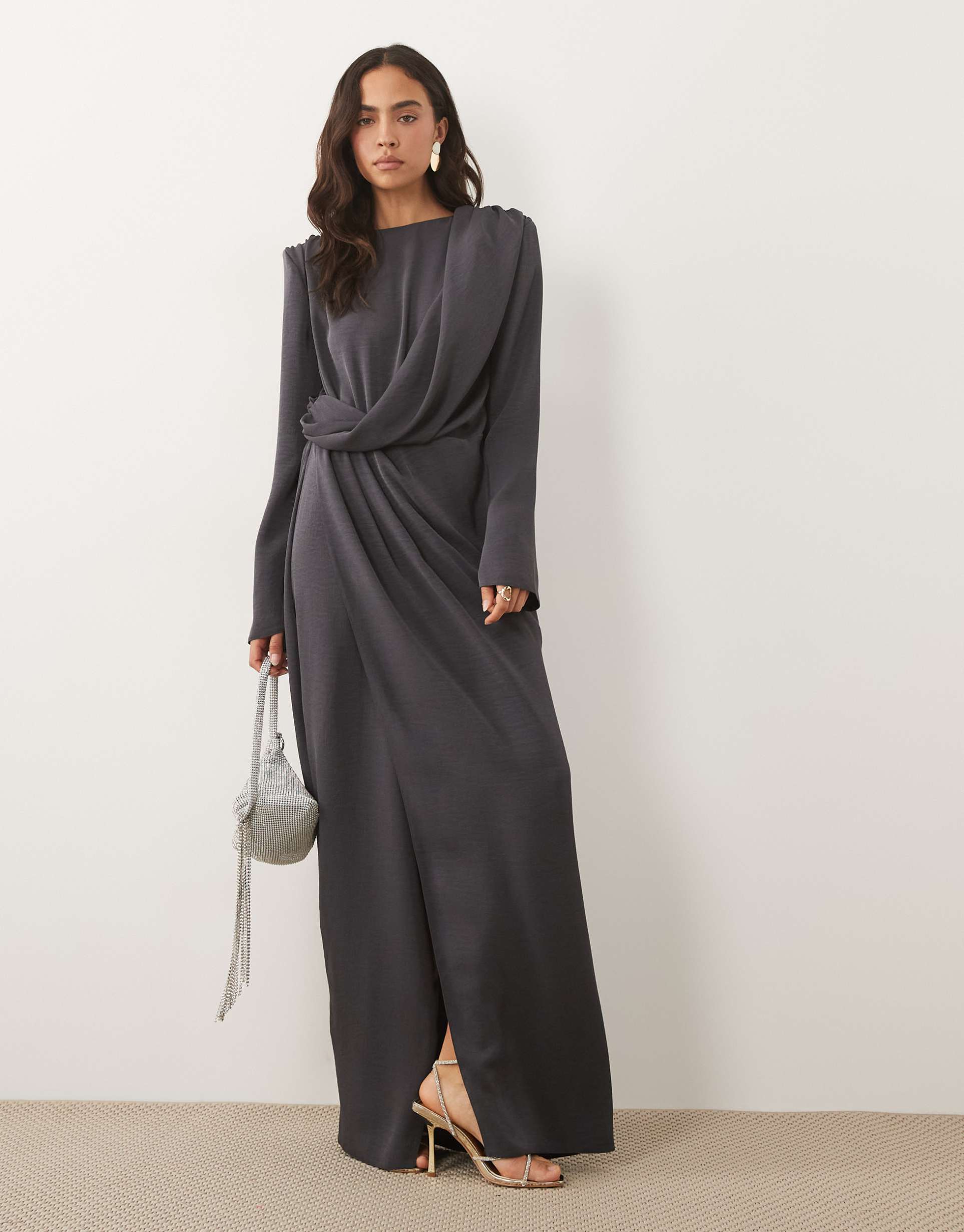 asos design long sleeve shoulder pad draped waist detail maxi dress in slate gray