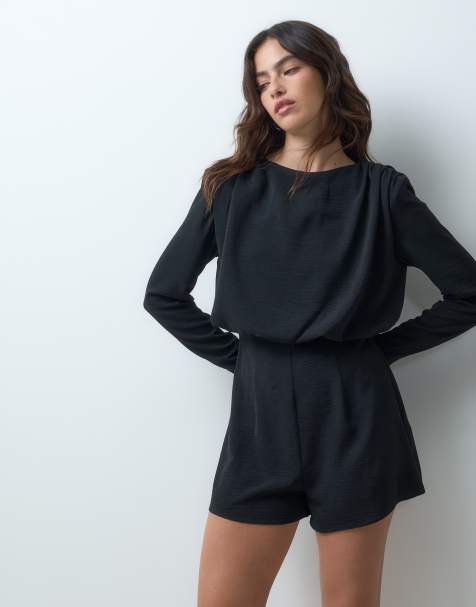 ASOS DESIGN long sleeve shoulder pad playsuit in black - view 1
