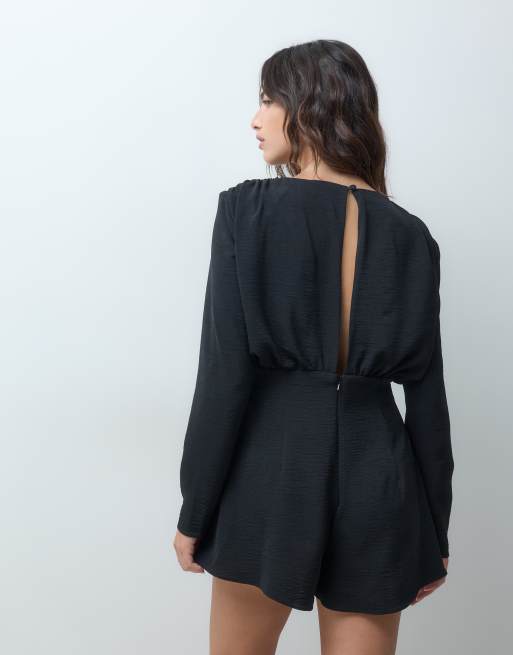 ASOS DESIGN long sleeve shoulder pad playsuit in black, 3 of 5