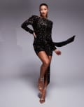 [ASOS DESIGN] ASOS DESIGN long sleeve shoulder pad sequin mini dress with sash detail in black velvet XS Black