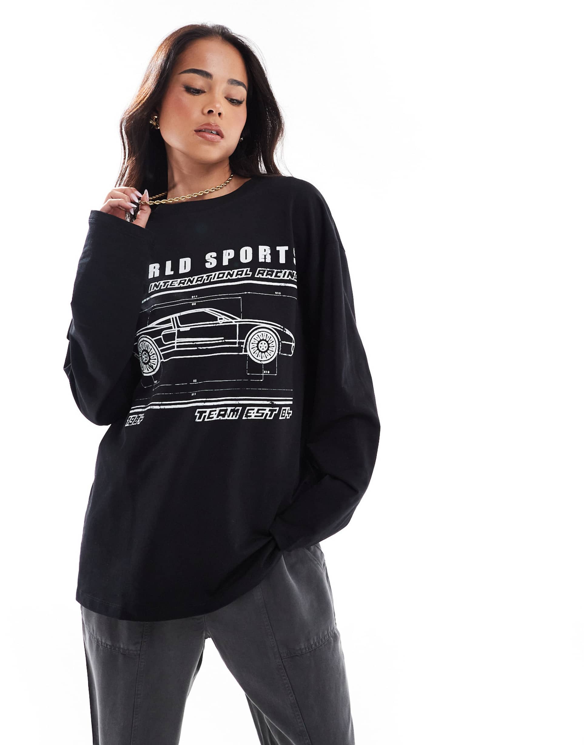 asos design long sleeve skate top with world sports car graphic in black