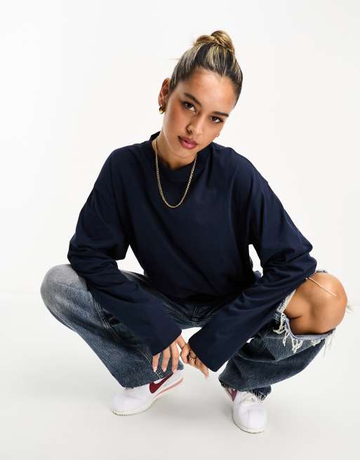 ASOS DESIGN long sleeve skater t-shirt in navy