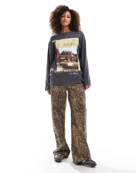 ASOS DESIGN long sleeve skater t-shirt with los angeles graphic in charcoal - view 1