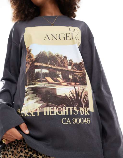 ASOS DESIGN long sleeve skater t shirt with los angeles graphic in charcoal