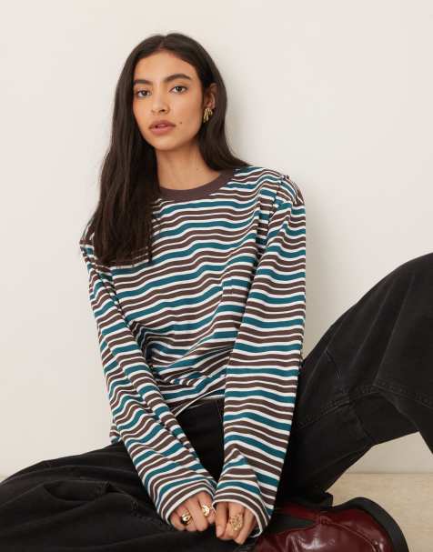 ASOS DESIGN long sleeve skater tee in green & choc stripe - view 1