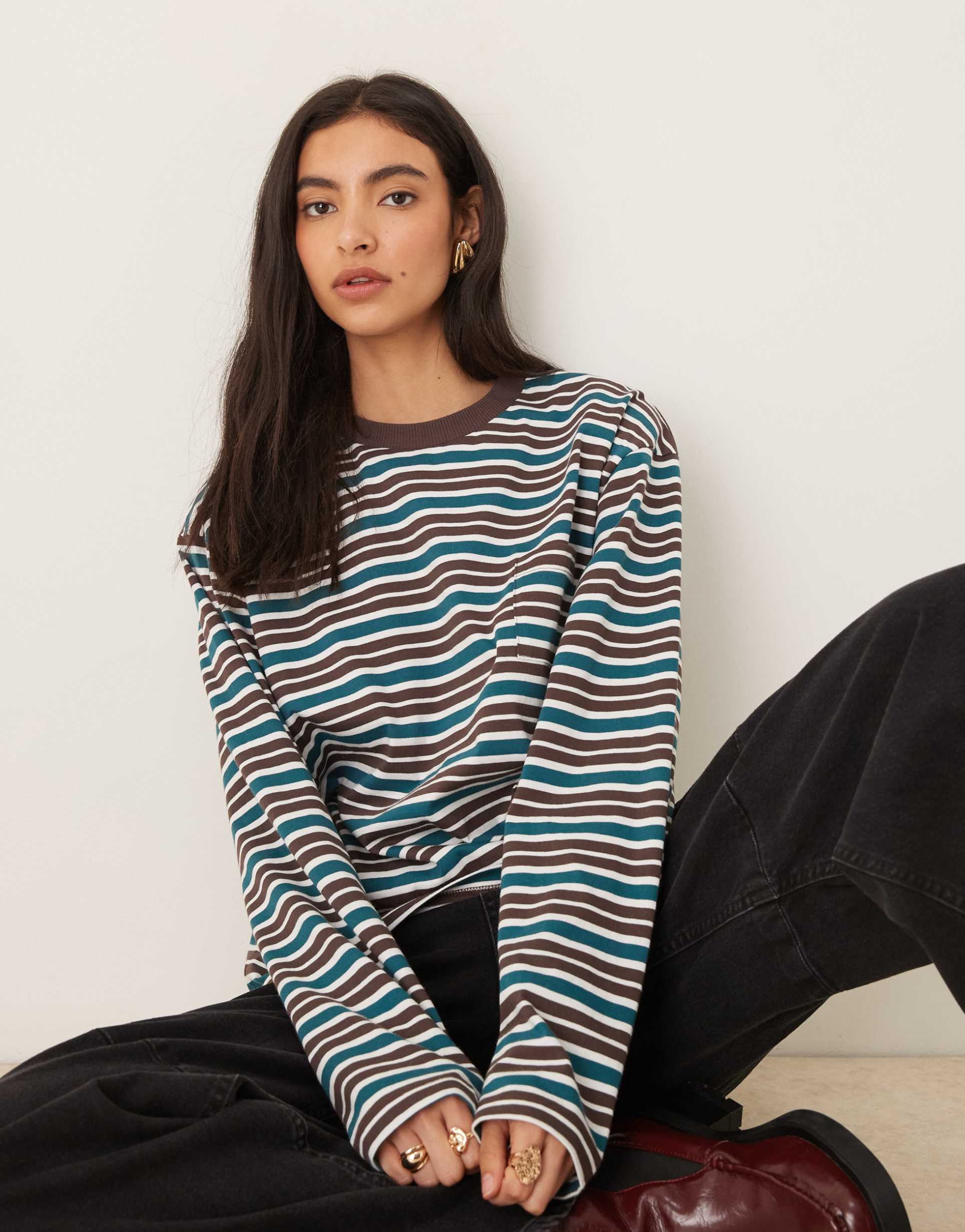 asos design long sleeve skater tee in green & chocolate stripe