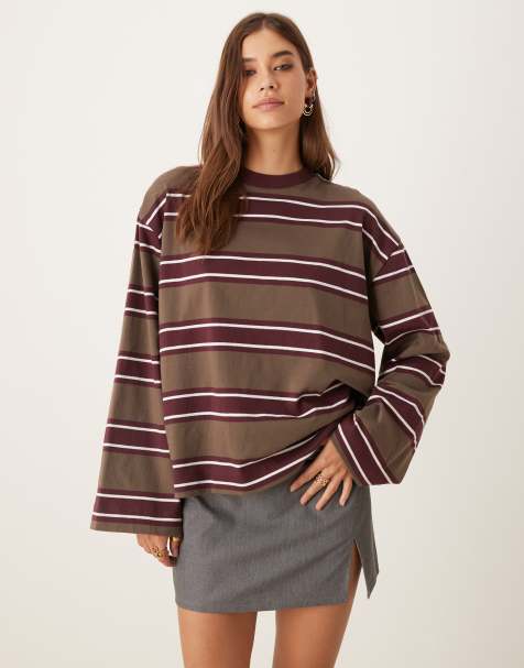 ASOS DESIGN long sleeve skater tee in khaki stripe - view 1