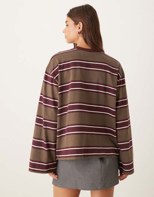 ASOS DESIGN long sleeve skater tee in khaki stripe, 2 of 4