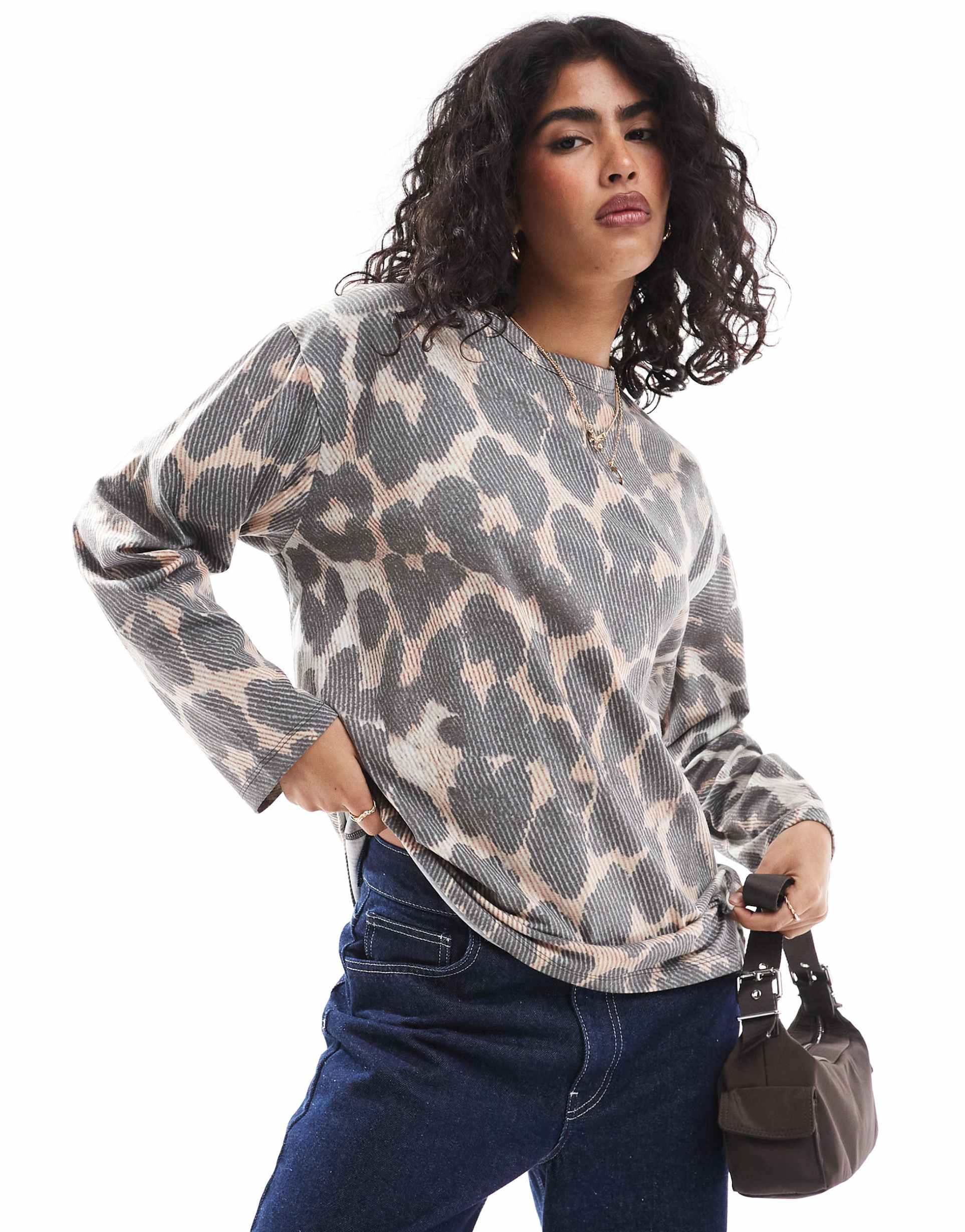 asos design long sleeve skater tee in leopard print