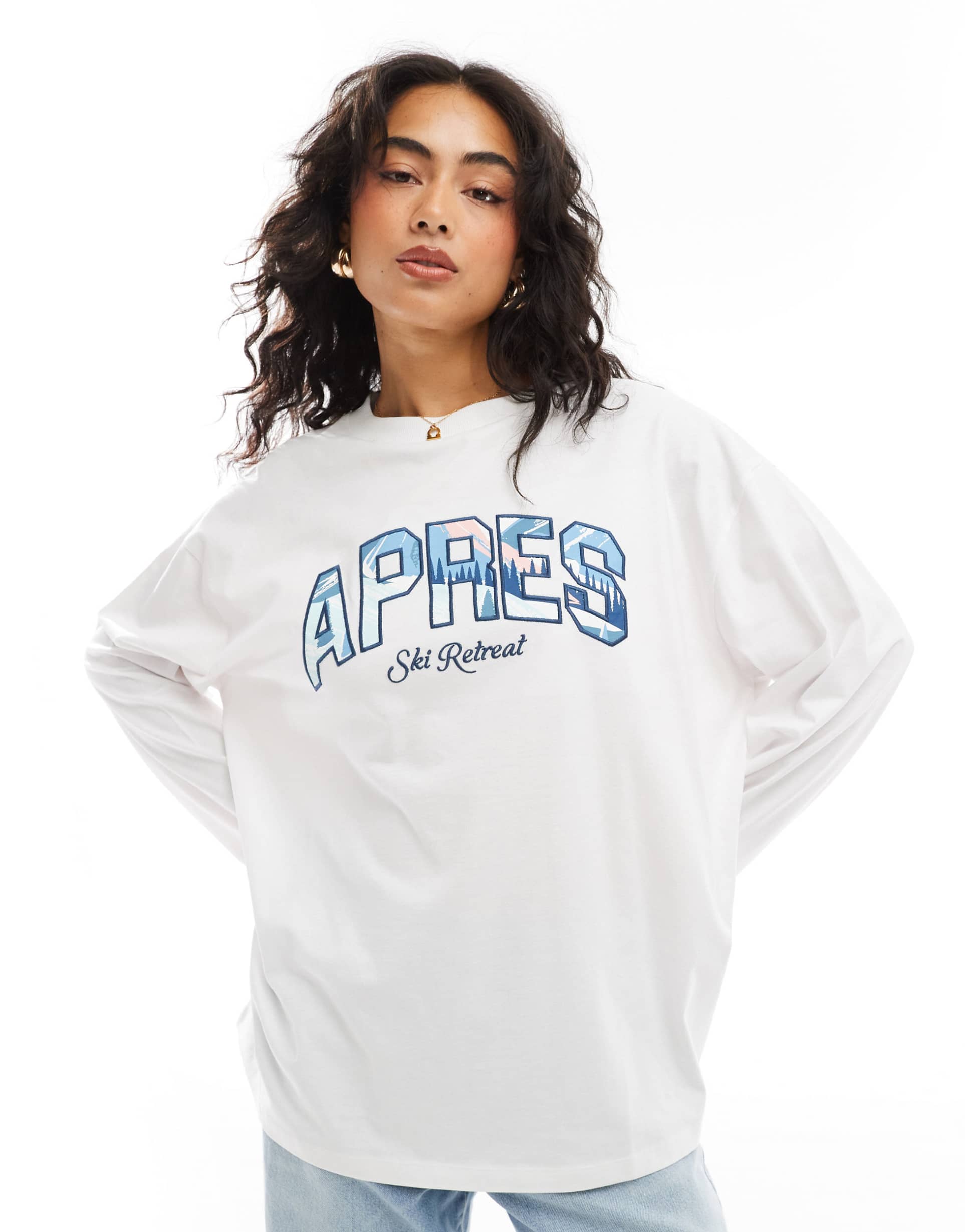 asos design long sleeve skater tee with apres print in white