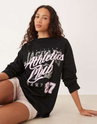 Asos Design Long Sleeve Skater Tee With Athletics Club Graphic In Black