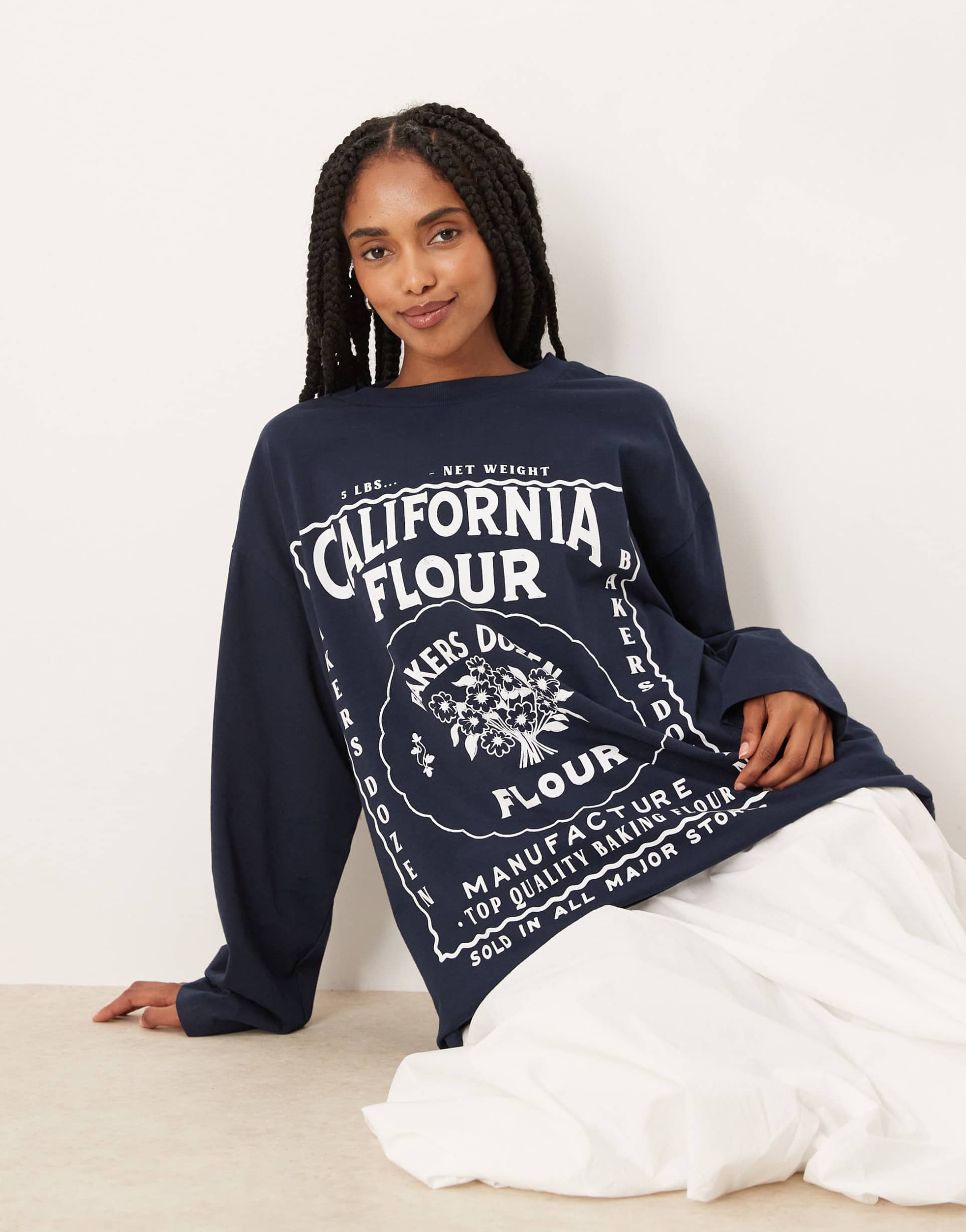 asos design long sleeve skater tee with california graphic in navy