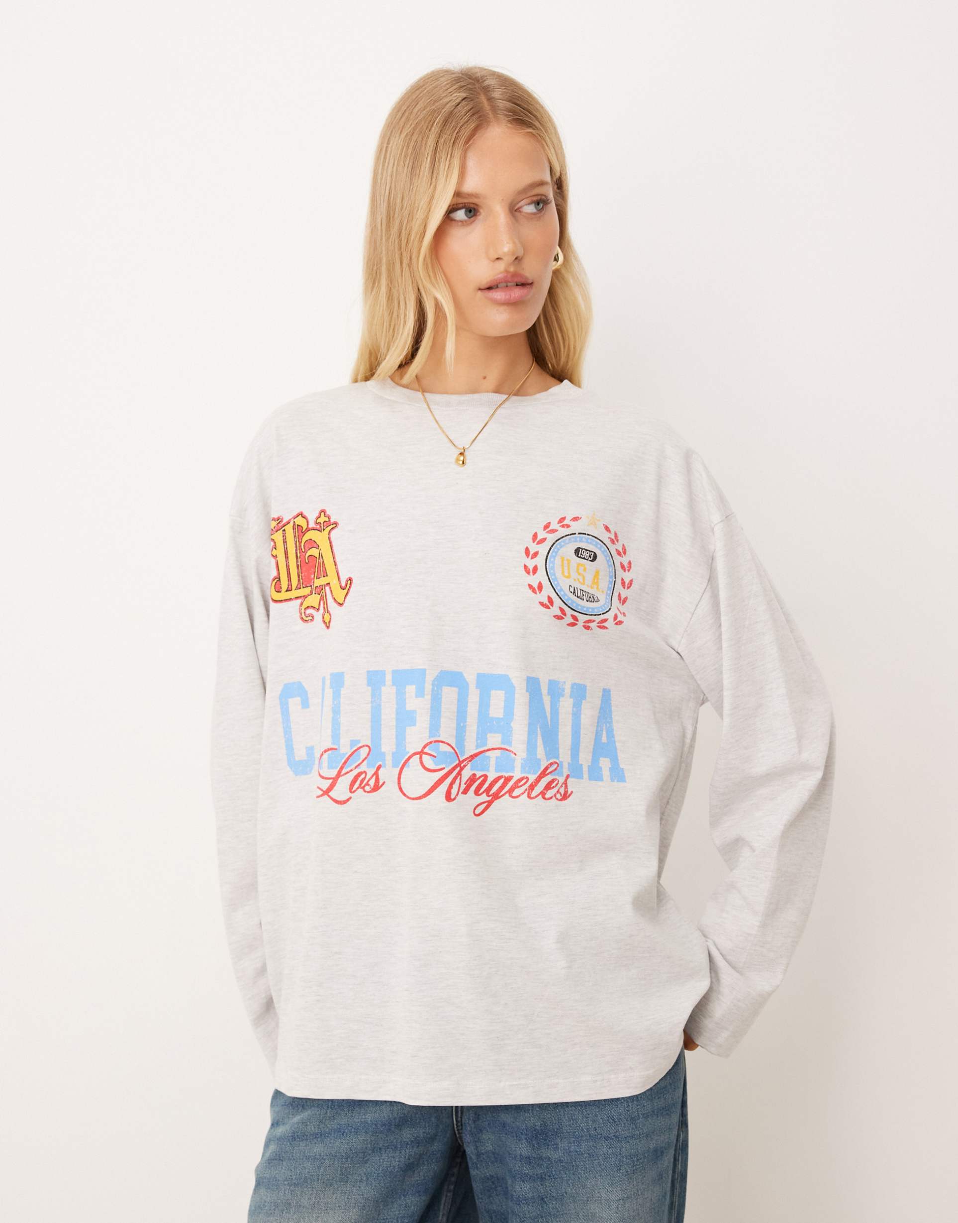 asos design long sleeve skater tee with california sport graphic in ice heather