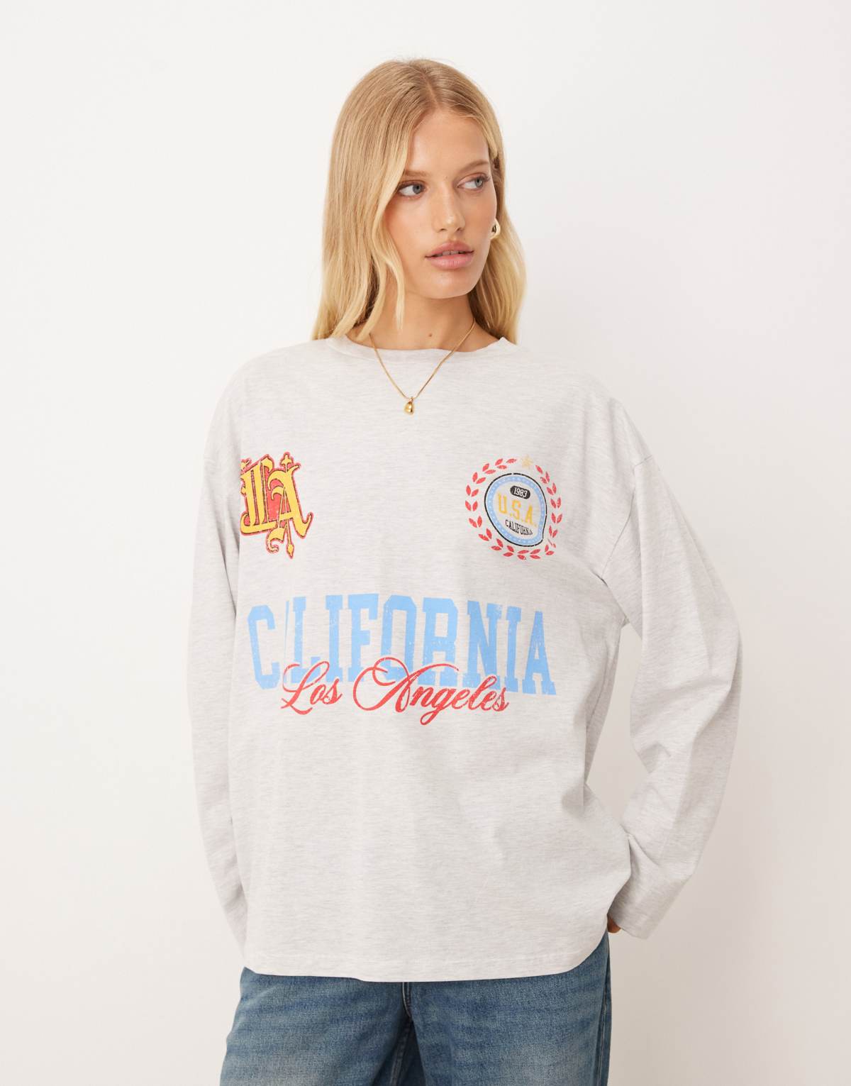 ASOS DESIGN long sleeve skater tee with california sport graphic in ice marl