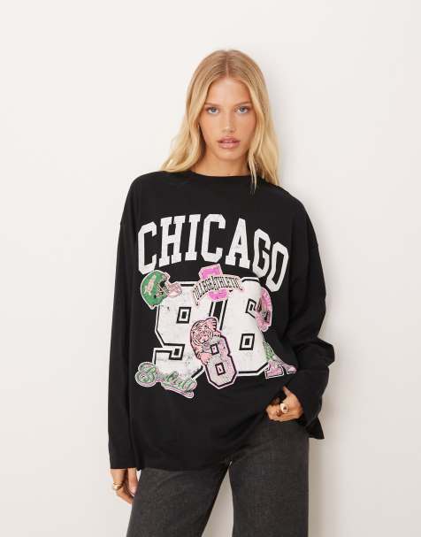 ASOS DESIGN long sleeve skater tee with chicago sports graphic in black - view 1