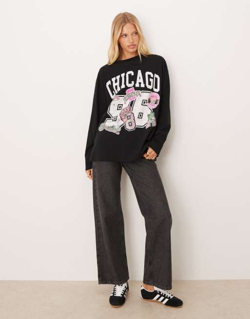 ASOS DESIGN long sleeve skater tee with chicago sports graphic in black