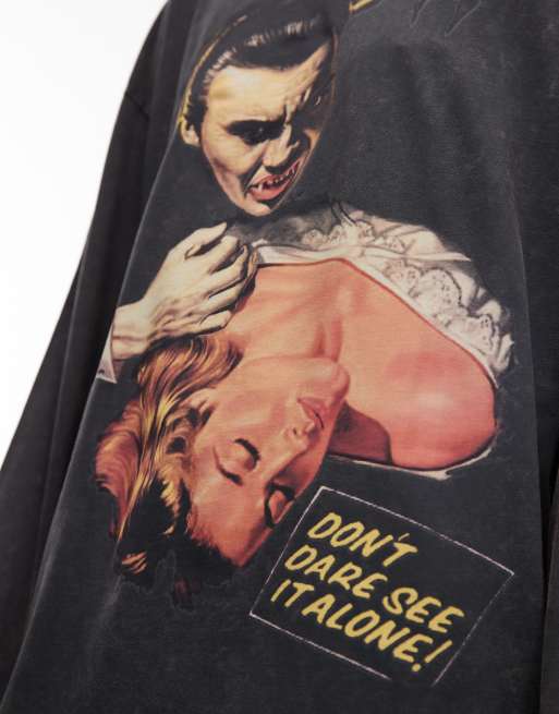 ASOS DESIGN long sleeve skater tee with Dracula kiss licence graphic in washed grey - CHARCOAL, 4 of 4