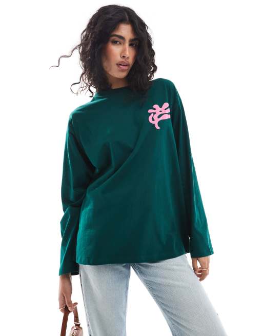 ASOS DESIGN long sleeve skater tee with flower paris graphic in green, 3 of 4