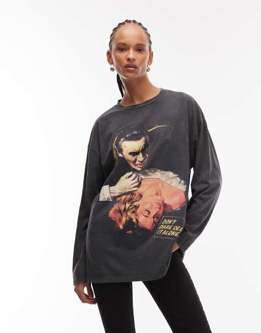 ASOS DESIGN long sleeve skater tee with Halloween Dracula kiss licence graphic in washed grey