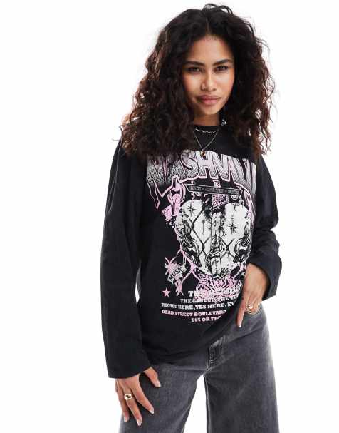 ASOS DESIGN long sleeve skater tee with nashville graphic in charcoal - view 1