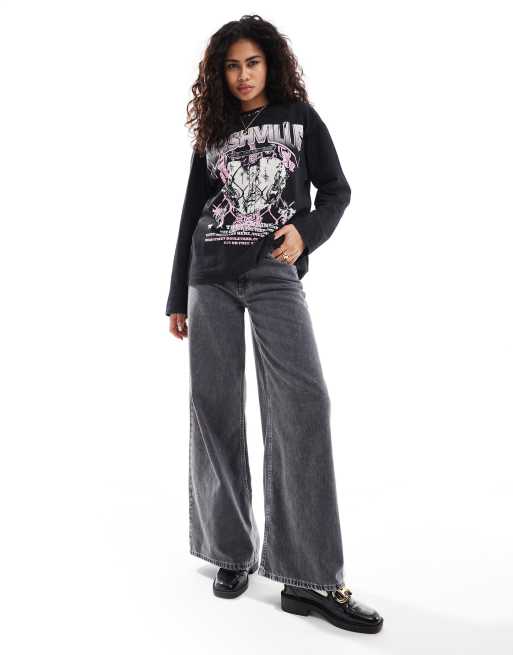 ASOS DESIGN long sleeve skater tee with nashville graphic in charcoal