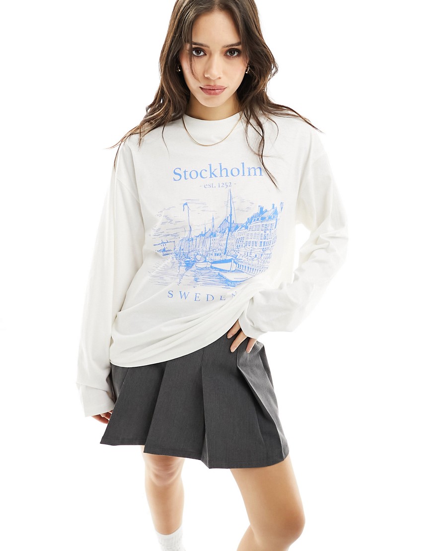ASOS DESIGN long sleeve skater tee with stockholm graphic in cream-White