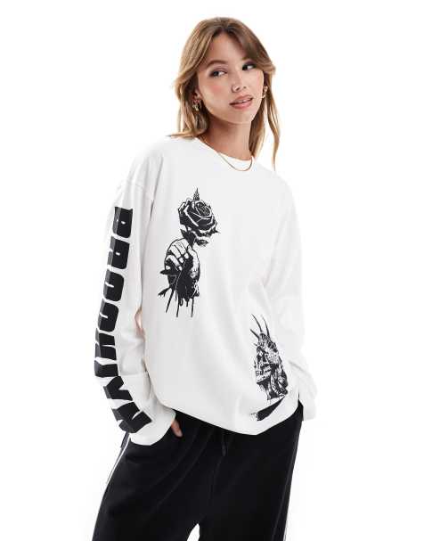 ASOS DESIGN long sleeve skater top with brooklyn graphic in white - view 1