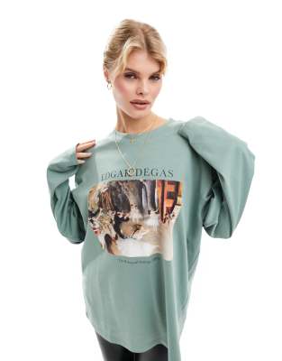 Asos Design Long Sleeve Skater Top With Edgar Degas Ballet Licence Graphic In Soft Green