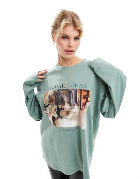 ASOS DESIGN long sleeve skater top with edgar degas ballet licence graphic in soft green - view 1
