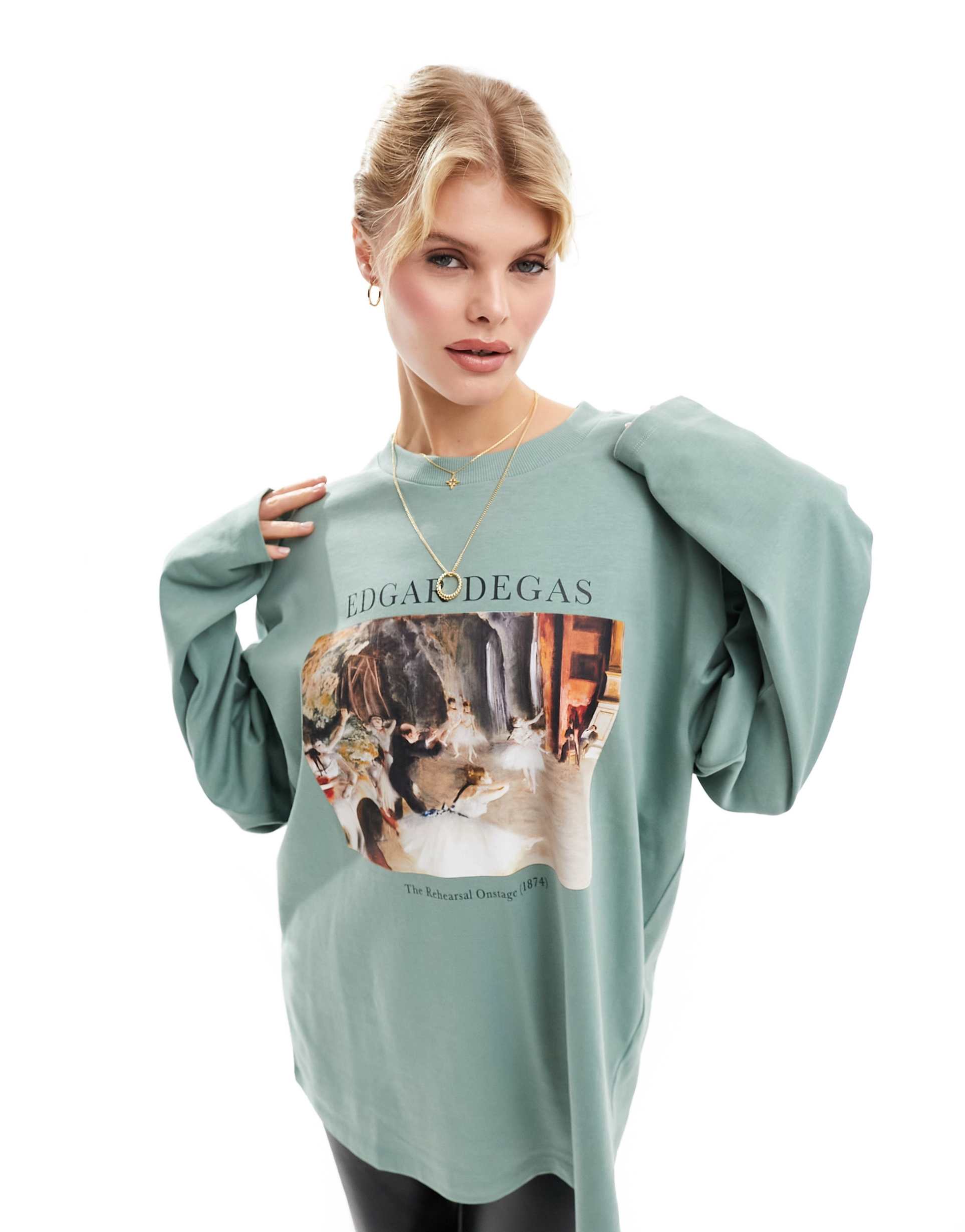 asos design long sleeve skater top with edgar degas ballet licence graphic in soft green