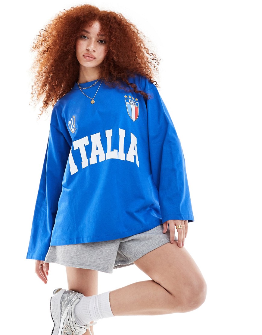 ASOS DESIGN long sleeve skater top with italia graphic in blue