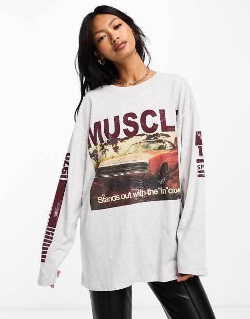 ASOS DESIGN long sleeve skater top with muscle car licence graphic in ice heather