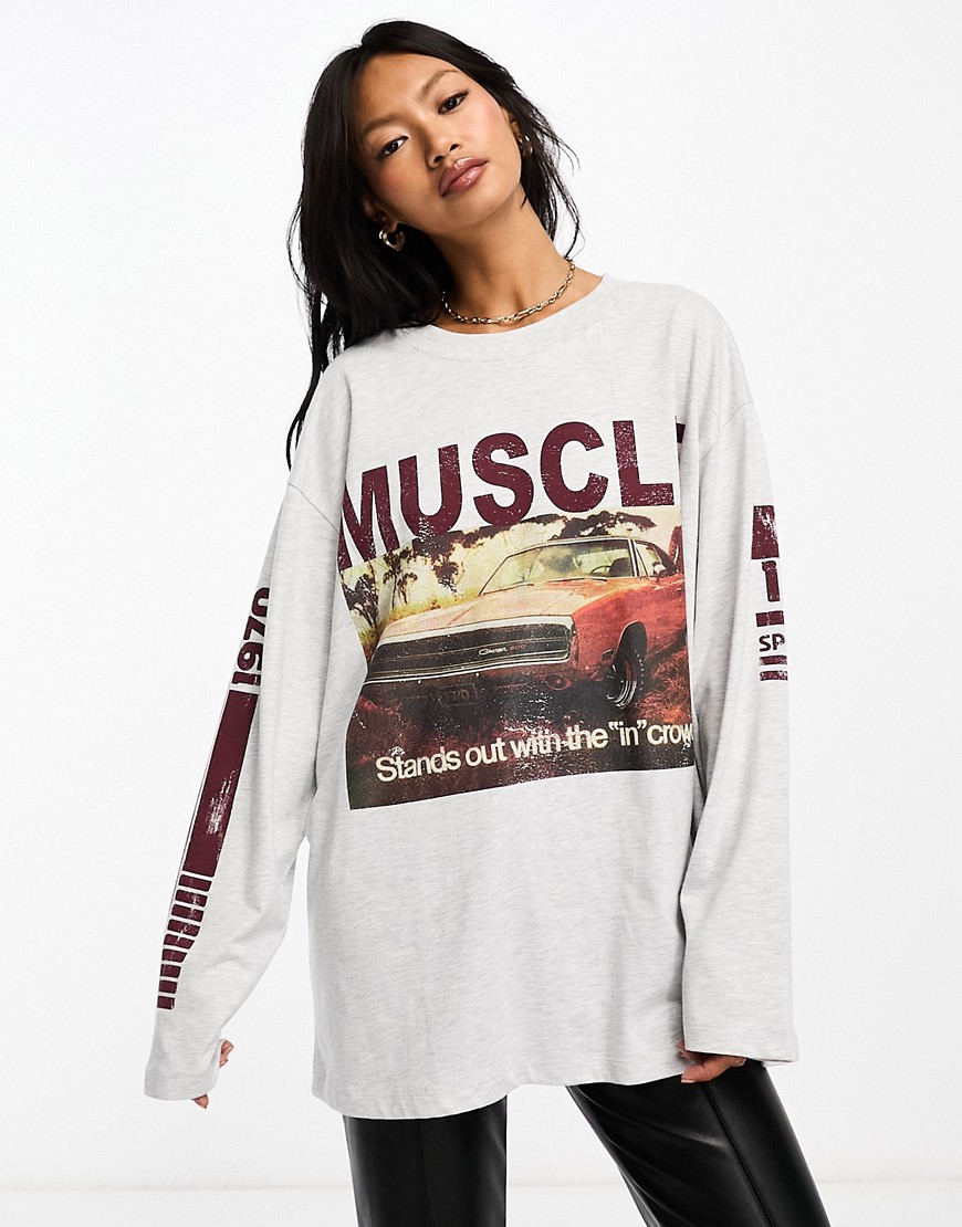 ASOS DESIGN long sleeve skater top with muscle car licence graphic in ice marl-Grey