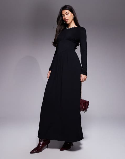 ASOS DESIGN long sleeve slash neck asym waist maxi dress in black - view 1