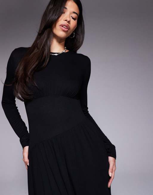ASOS DESIGN long sleeve slash neck asym waist maxi dress in black, 2 of 4