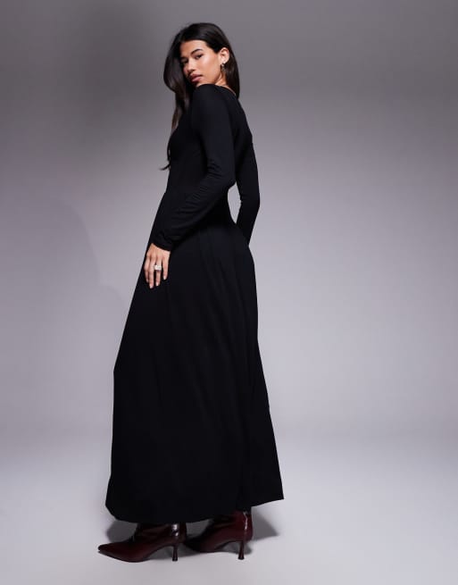 ASOS DESIGN long sleeve slash neck asymmetric waist maxi dress in black