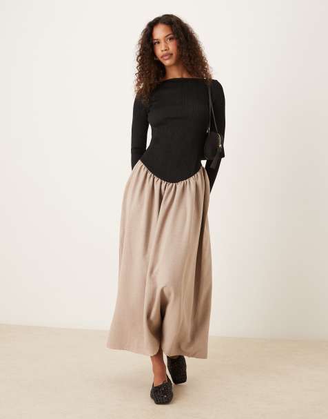 ASOS DESIGN long sleeve slash neck dipped dropped waist midi dress in black and beige - view 1